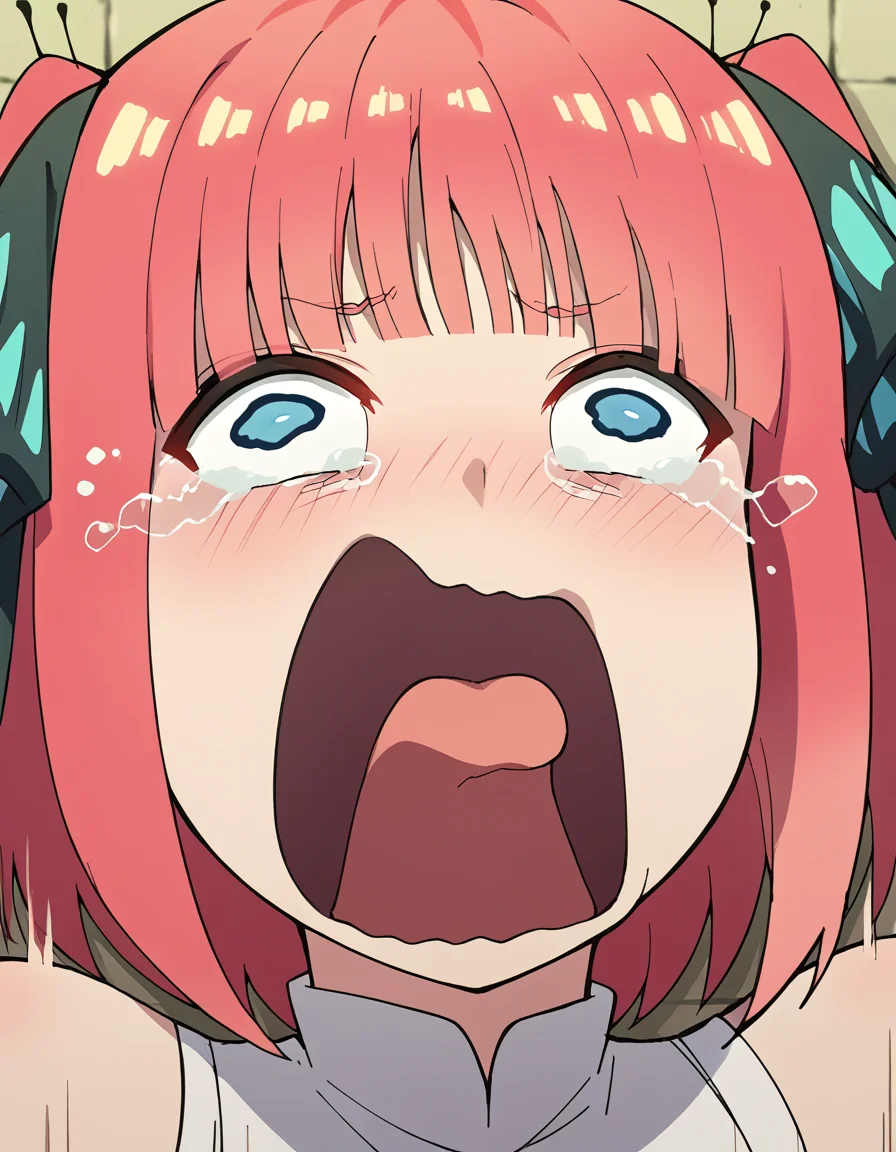 score_9, score_8_up, score_7_up, source_anime, <lora:nnakano-s2-ponyxl-lora-nochekaiser:1>, short hair, bangs, blue eyes, hair ornament, hair ribbon, pink hair, blunt bangs, two side up, butterfly hair ornament, large breasts,, <lora:crying-aqua-ponyxl-lora-nochekaiser:1> crying aqua, crying aqua (meme), screaming, crying, crying with eyes open, tears, tongue, open mouth,, ,