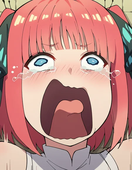 score_9, score_8_up, score_7_up, source_anime, <lora:nnakano-s2-ponyxl-lora-nochekaiser:1>, short hair, bangs, blue eyes, hair ornament, hair ribbon, pink hair, blunt bangs, two side up, butterfly hair ornament, large breasts,, <lora:crying-aqua-ponyxl-lora-nochekaiser:1> crying aqua, crying aqua (meme), screaming, crying, crying with eyes open, tears, tongue, open mouth,, ,