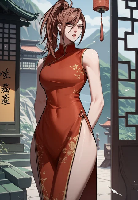 score_9, score_8_up, score_7_up, high detail face, best quality, absurd res, 1girl, Mei, brown eyes, brown hair, long hair, ponytail, Mei long clothes, chinese dress, looking at viewer, standing, <lora:thighs slider_last:6>, very thick thigh