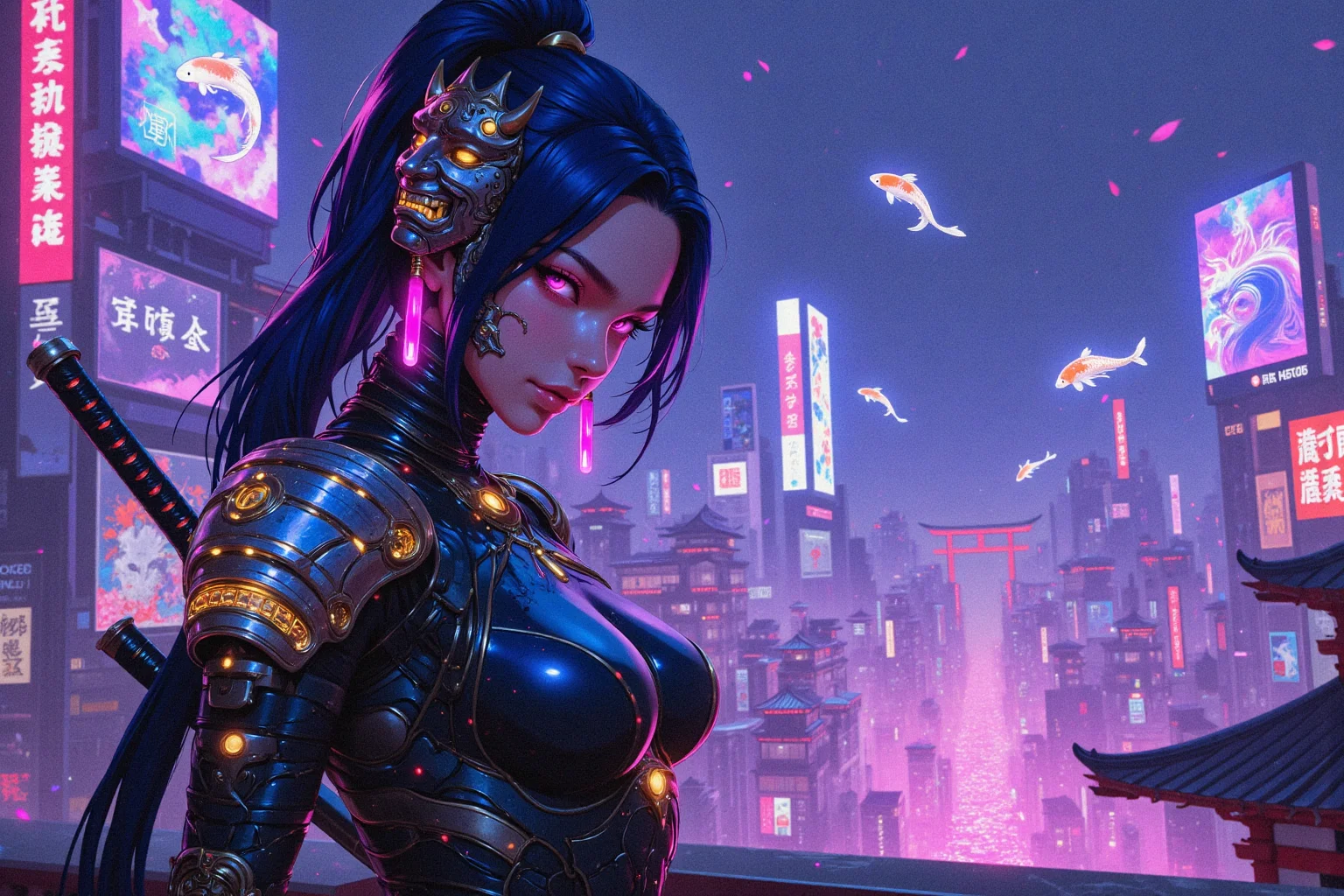 A breathtaking cyberpunk kunoichi with striking violet eyes, Extremely beautiful and detailed face, their glow resembling the hypnotic shimmer of a neon-lit Tokyo night. Her sleek, electric-blue hair is styled into an elegant high ponytail, adorned with cybernetic hairpins shaped like glowing sakura petals. A delicate, holographic oni mask rests on the side of her face, flickering between digital transparency and a menacing demonic visage.
She wears a high-tech, form-fitting bodysuit infused with traditional Japanese elements—textured like woven silk yet reinforced with advanced nanofiber plating. Subtle neon kanji symbols glow along her sleeves, shifting dynamically between protective spells and encoded messages. A cybernetic samurai-style shoulder guard glows faintly with intricate golden circuits, and her arms bear elegant, programmable tattoos depicting ancient dragon motifs that pulse with an otherworldly light. Her left arm is fully cybernetic, designed with the precision of a master swordsmith, its fingers razor-sharp like a hidden blade.
She stands poised atop a sleek, rain-slicked rooftop in Neo-Tokyo, her silhouette illuminated by the vibrant holographic billboards below. Towering red torii gates, repurposed as neon-lit entryways to digital temples, cast an ethereal glow against the foggy skyline. In the distance, enormous holographic koi fish glide gracefully through the air, swimming through rivers of data streams cascading from floating megastructures.
A gentle rain drizzles over the neon city, each drop glowing momentarily as it touches her suit, the reflections forming a dreamlike cybernetic ukiyo-e painting. Cherry blossom petals, enhanced with bioluminescent nanotech, drift through the air, mixing with the neon haze. She smirks with quiet confidence, her cyber-katana resting at her side, ready to carve her legend into the underworld of this digital metropolis.
A stunning fusion of **traditional Japanese aesthetics and cyberpunk futurism**, captured in ultra-detailed, hyper-realistic **8K resolution**. Cinematic lighting, neon-drenched atmosphere, breathtaking visuals, infused with deep Japanese cyberpunk lore.
Art in the style of Yomu_Yakadashi.
EpicGorgeousDetails, cinna flow, 8k detailed neon themed digital illustration style, 8uartz4r4