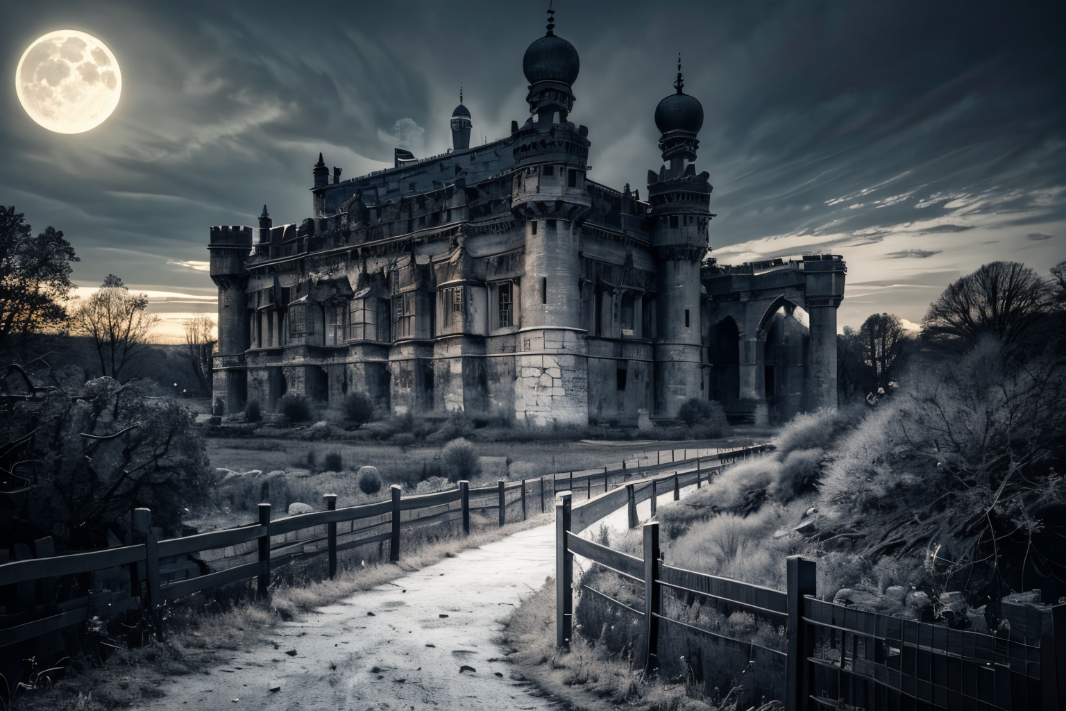 (Realistic:1.5) EdobLandscapeAlpha , dark, moon, rose, realistic, fence, still life, evening, monochrome, castle, branch, <lora:EdobLandscapeAlpha_v1.0:0.8>