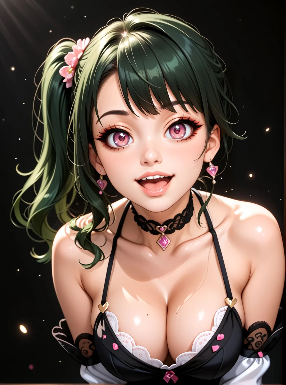woman, looking at viewer, happy face, wide open mouth, leaning forward, cleavage, dark background, bare shoulders, choker, eyeliner, seductive, flirtatious, floating hair, floating particles, detached sleeves, elegant, close,, <lora:Woomy_5_Pony:1> pink eyes, dark green hair, side ponytail,