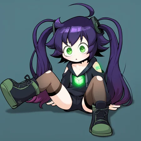 <lora:Zannnenn1:1>, <lora:ICoN:0.8> IC0n, purple hair, twin tails, ahoge, green eyes, black hoodie, open shoulders, black tighhighs, black boots, glowing green cube on chest, glowing green tattoos on shoulders