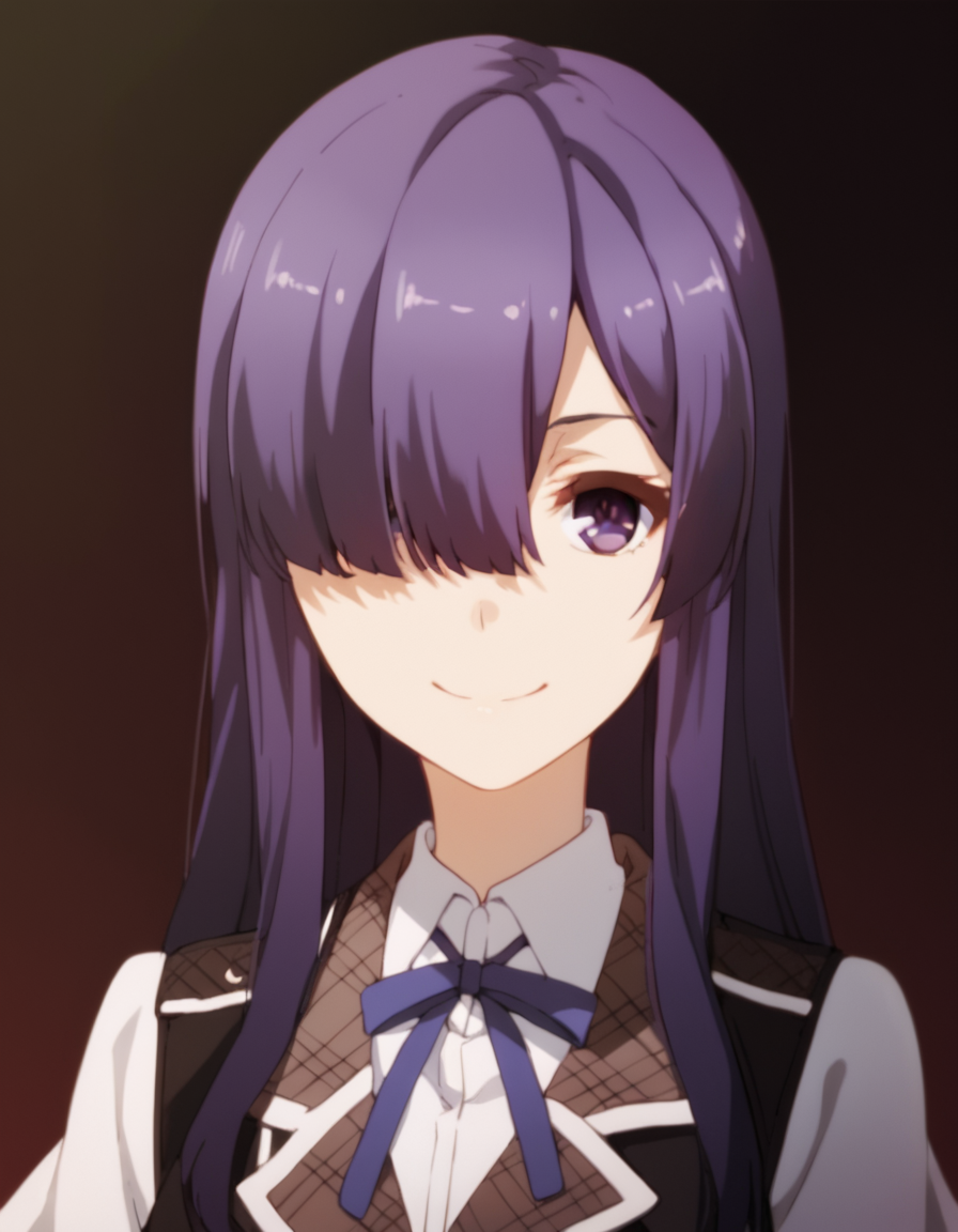 score_9, score_8_up, score_7_up, score_6_up, score_5_up, score_4_up, source_anime,  Ayase, long hair, purple eyes, purple hair, hair over one eye, , portrait, soft smile, uniform