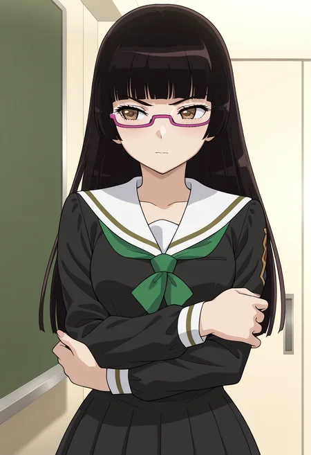 masterpiece, best quality, very aesthetic, absurdres, 1girl, solo,
<lora:chiaki_kurihara_v01:1>, chiaki_kurihara, chiaki_school, black hair, long hair, hime cut, brown eyes, under-rim eyewear, purple-framed eyewear,
black serafuku, green neckerchief, long sleeves, black skirt, plated skirt, crossed arms