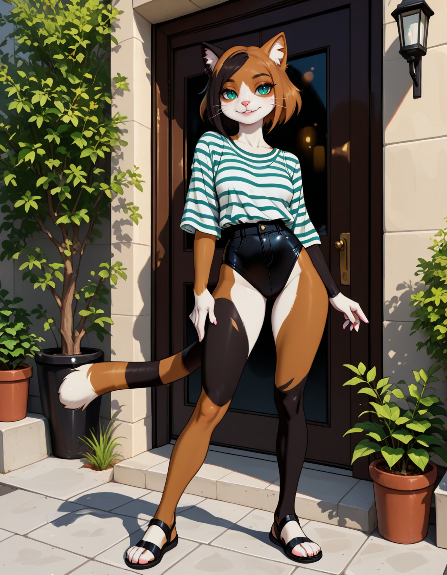 masterpiece, best quality, very aesthetic, absurdres,
outdoors, casual, 
full body, standing, posing, 
seductive smile, parted lips, long eyelashes,
 <lora:Kawa_v01_NAIXL:1>
K4w4,1girl,solo,furry,furry female,cat girl,short hair,multicolored hair,cat ears,aqua eyes,slit pupils,snout,animal nose,whiskers,body fur,two-tone fur,cat tail,striped tail,