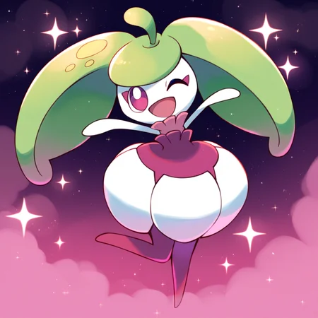 score_9_up, score_8_up, score_7_up, score_6_up, best quality, source_anime, pink background, sparkles, pink fog:1.4, pink clouds:1.4, BREAK 1girl, solo, steenee, pokemon, flora fauna, green hair, long hair, purple eyes, white head, purple dress, purple legs, white skirt, white arms, wide hips, dancing, jumping, arms out, legs up, smile, open mouth, action pose, one eye closed, looking at viewer, <lora:PDXL_Steenee_PKMN:1>
