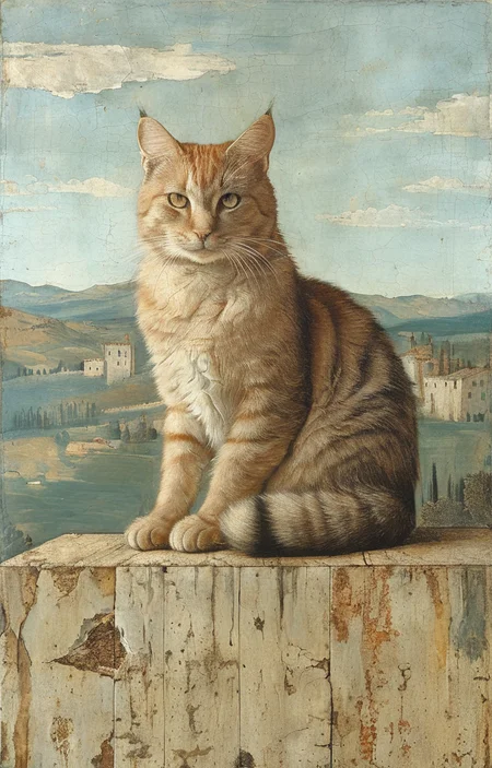 masterpiece,best quality,<lora:tbh194-sdxl:0.9>,illustration,style of Piero della Francesca cute Mainecoon cat and Abyssinian cat