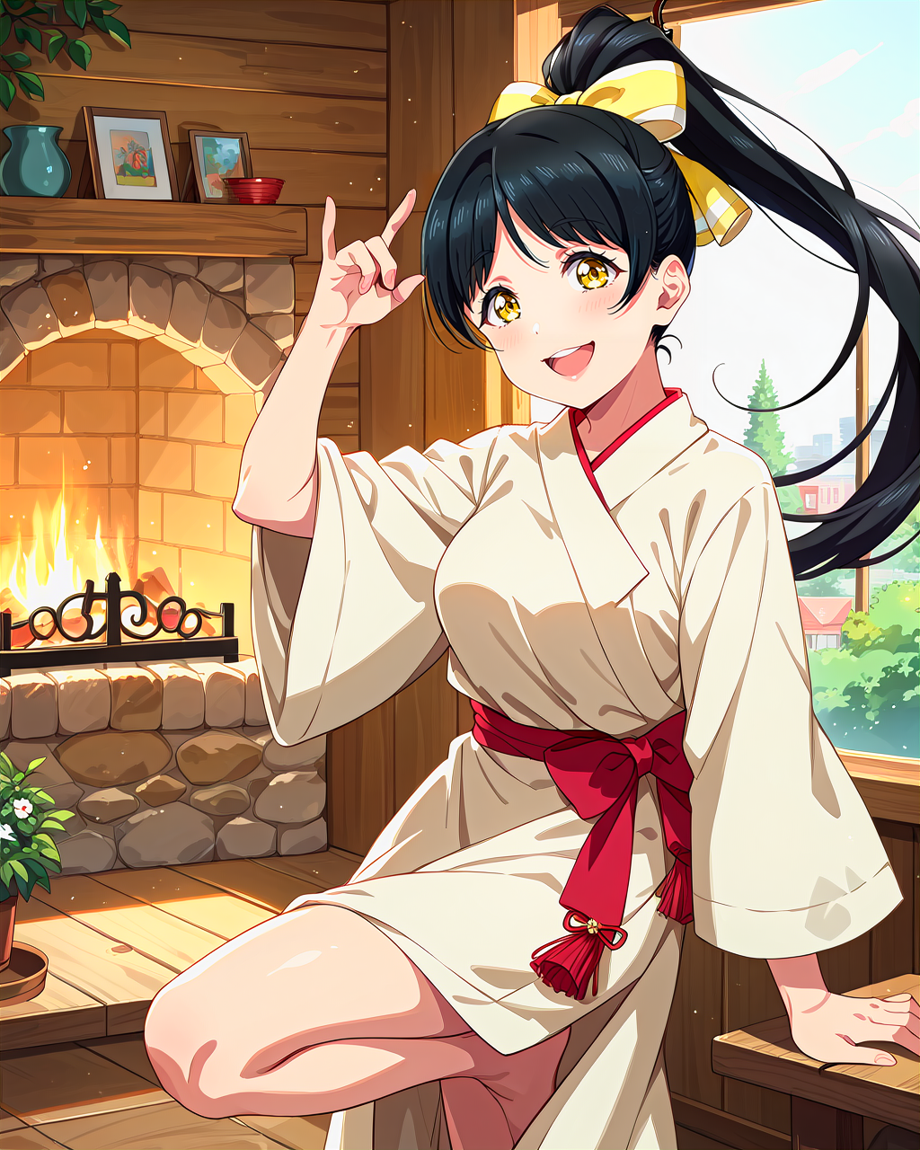 score_9, score_8_up, score_7_up, score_6_up, source_anime, looking at viewer, ((love live!, 1girl, hazuki ren, black hair, hair bow, large breasts, long hair, ponytail, yellow eyes)) (Web-Slinging Pose, One hand forward as if shooting webs, one leg raised, ready to swing through the city,), (cafe noir robe), (Rustic Cabin Living Room with Stone Fireplace and Leather Furniture), smile, happy,  <lora:LLChar_Pony_Liella:0.8>