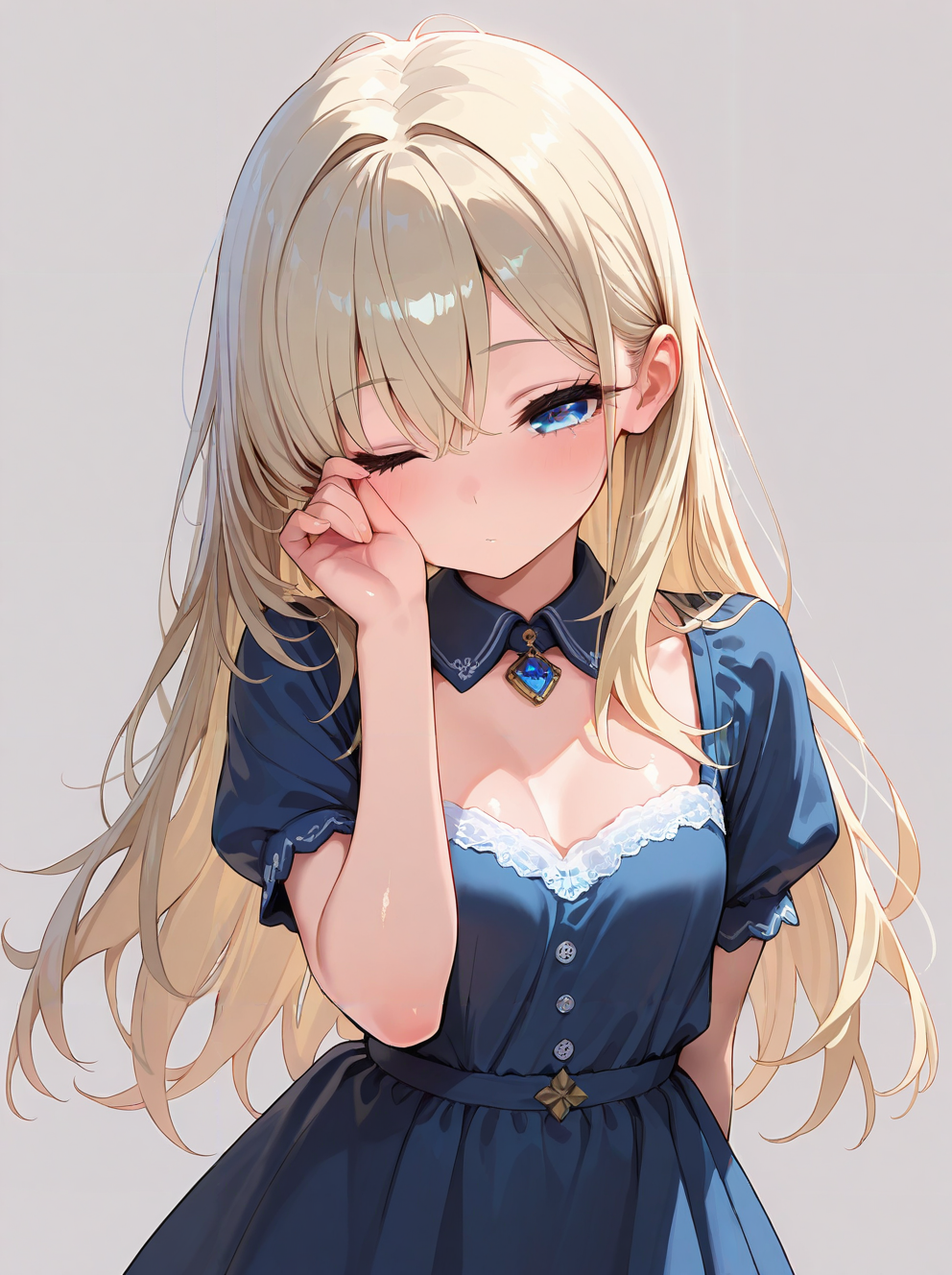 masterpiece,amazing quality,best quality,ultra-detailed,8K,illustration,CG,shiny hair,clear skin,ultra-detailed-eyes,simple background,cute girl, eyelashes <lora:rubbing eyes_illustrious_V1.0:1> rubbing eyes, one eye closed,dress
