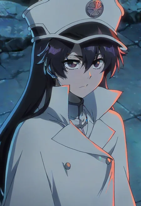 source_anime, anime screencap, anime coloring, nsfw, uncensored, <lora:Bambietta_Basterbine:1>Long hair, black hair, hair between eyes, dark purple eyes,, hat, peaked cap, white headwear, white gloves,