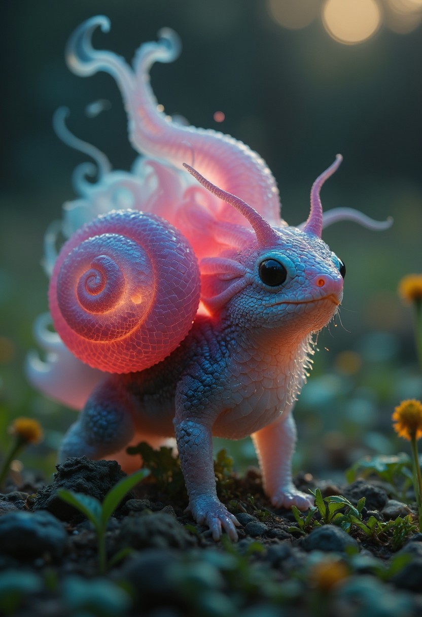 sss, subsurface scattering, translucent. closeup of a sss pink/blue snail on a morning meadow, backlight, moody, atmospheric haze, volumetric lighting, translucent snail house with intricate detailes