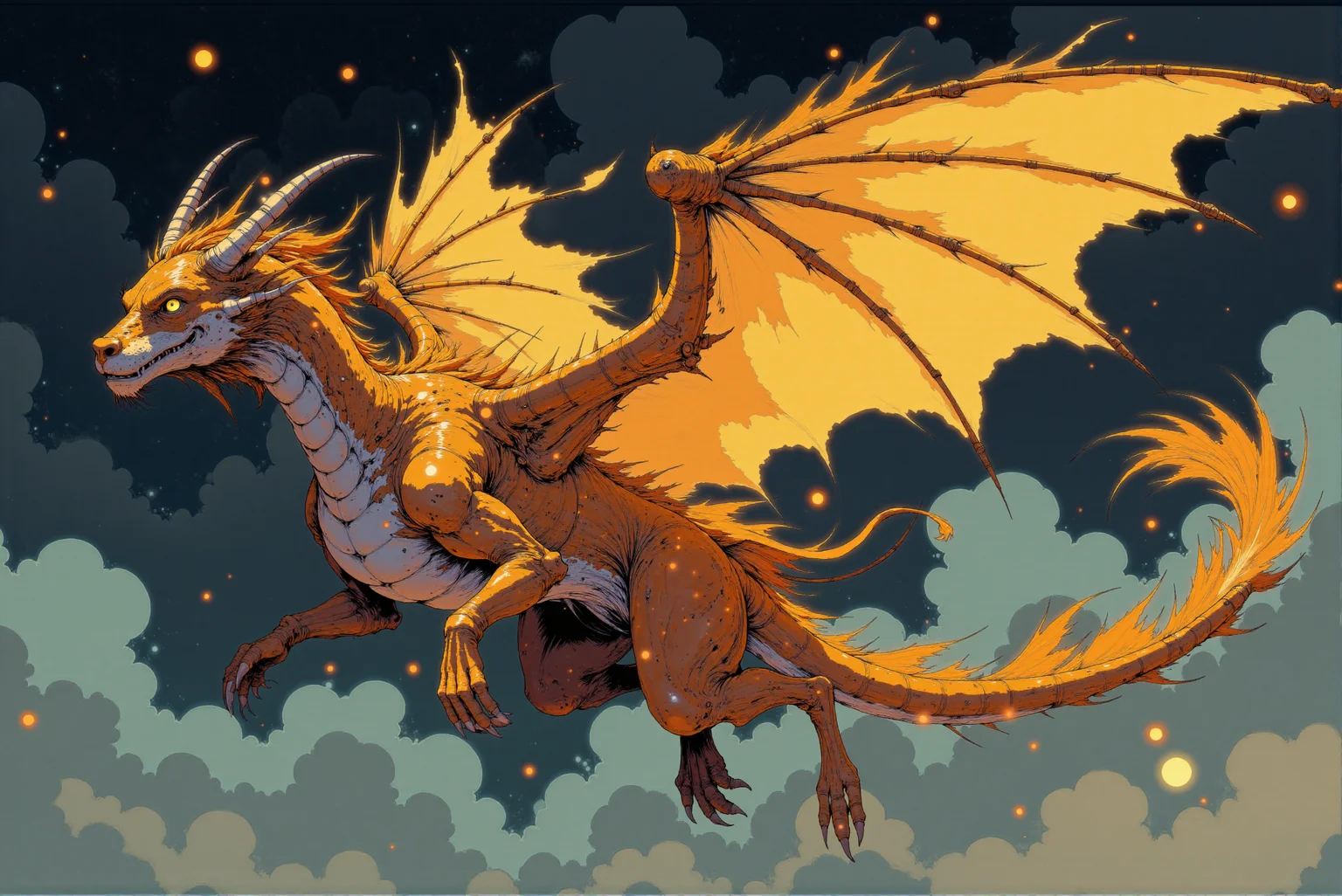 <lora:Fancha_style_v.5:0.90> Fancha style. A majestic, mythical creature in mid-flight. The subject is a dragon, specifically a phoenix, with an ethereal, almost otherworldly quality. The creature's body is covered in a shimmering, iridescent plumage that transitions seamlessly through a spectrum of warm colors, including fiery oranges, yellows, and purples, reflecting the light as if illuminated by an internal fire. The dragon has fierce snout with smoothly curved, sleek horns, neat short limbs and smooth tail flowing behind. The scales shimmer and ripple, giving the illusion of movement and fluidity. The dragon's big, intricate wings are outstretched, so detailed and intricately designed that they appear to be crafted from a combination of feathers, flames, and glowing energy.
