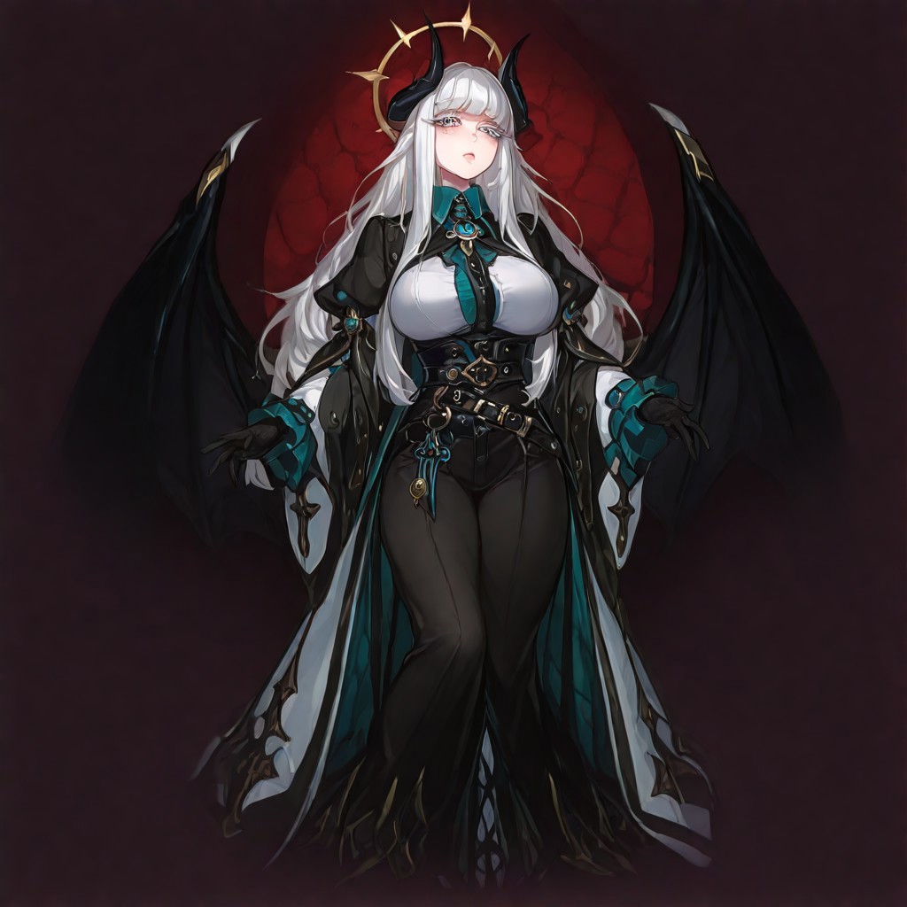 BREAK dnd, warlock, sorcerer, 1girl, black skin, blue eyes, black sclera, black horns, white hair, long hair, side bangs, sidelocks, black wings, waist wings, black and white clothes with golden details, aristocrat, belts, black belt, white cloak, big breasts, halo, demon, yandere expression, white eyelashes, messy hair, cleveage
FULL BODY, CONCEPT ART