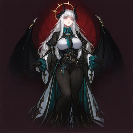 BREAK dnd, warlock, sorcerer, 1girl, black skin, blue eyes, black sclera, black horns, white hair, long hair, side bangs, sidelocks, black wings, waist wings, black and white clothes with golden details, aristocrat, belts, black belt, white cloak, big breasts, halo, demon, yandere expression, white eyelashes, messy hair, cleveage
FULL BODY, CONCEPT ART