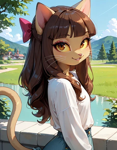 masterpiece, best quality, very aesthetic, absurdres,
outdoors, casual, 
seductive smile, parted lips, long eyelashes,
 <lora:Ivy_Pepper_v01_NAIXL:1>
1vyP3pp3r,1girl,solo,furry,furry female,cat girl,cat ears,brown hair,hair bow,long hair,blunt bangs,brown eyes,yellow sclera,animal nose,whiskers,body fur,cat tail,