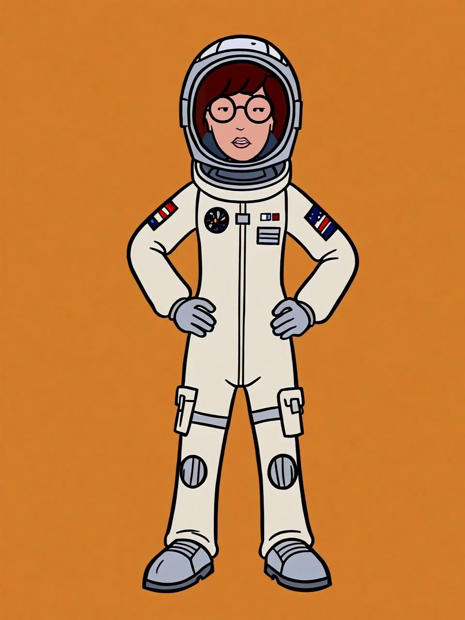 simple background, orange background, 1girl, solo, full body, <lora:dariaTV_PDXL new:1.0> dariaTV, dot eyes, glasses, astronaut, astronaut helmet, hands on hips