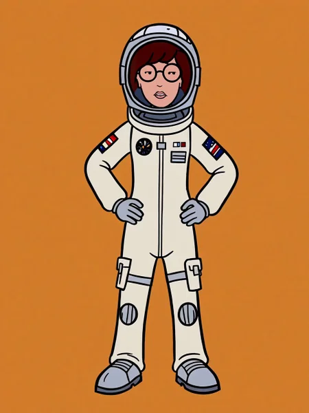 simple background, orange background, 1girl, solo, full body, <lora:dariaTV_PDXL new:1.0> dariaTV, dot eyes, glasses, astronaut, astronaut helmet, hands on hips