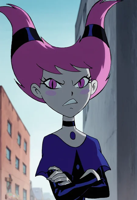 <lora:JinxTTPony1.0:1> jinx, 1girl, pink hair, buttons, twintails, solo, pink eyes, slit pupils, blush stickers, black choker, dress, grey skin, striped pantyhose, capelet, crossed arms, frown, upper body, score_9, score_8_up, score_7_up, score_6_up, score_5_up, score_4_up, looking at viewer, cowboy,grin, outdoors,