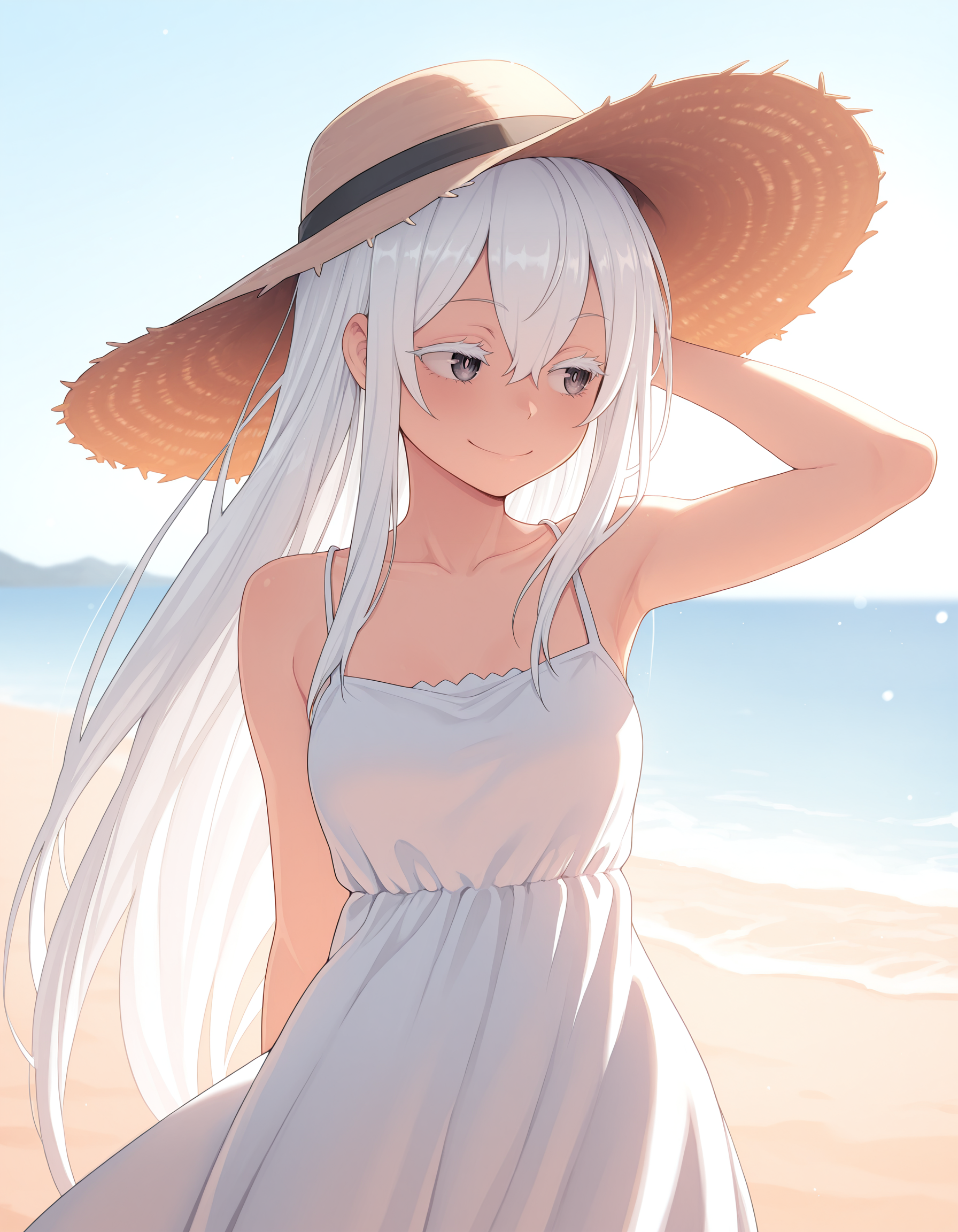 <lora:Echidna_1:1>ech1dna, colored eyelashes, hair between eyes, white hair,
sundress, closed smile, one hand behind head, looking to the side, warm, sunny, beach, sunhat,, masterpiece, best quality, amazing quality