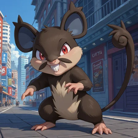 score_9, score_8_up, score_7_up, score_6_up, source_anime, A_Rattata, Solo, feral, rodent, pokemon (creature), mouse, black and brown fur, red eyes, large ears, bucktooth, tail, full body, looking at viewer, standing, city background,