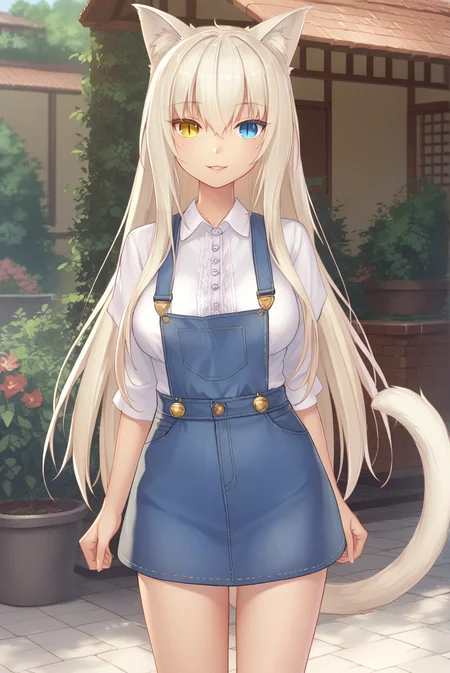 score_9, score_8_up, score_7_up, score_6_up, score_5_up, score_4_up, BREAK source_anime, 1girl, solo,
<lora:CoconutXL-v1-07:0.7>, ChopioCoconut, blonde hair, long hair, very long hair, hair between eyes, cat ears, animal ear fluff, cat girl, blue eyes, yellow eyes, heterochromia, slit pupils, looking at viewer,
large breasts, tail, bare thighs,
outdoors, garden, cobblestone, ivy, grass, standing, smile, parted lips,
<lora:Clothing_Overalls:0.7>, salopette, overall skirt, white shirt, arms at sides, denim, suspenders,