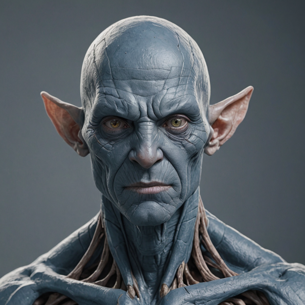 Generate a highly detailed, photorealistic portrait of a humanoid alien creature. The subject should have a bald, gray-blue head with deep wrinkles and creases. Its eyes should be a striking greenish-gold color with dark pupils, conveying a sense of intensity and mystery. The creature's nose should be slightly upturned, and its lips should be thin and pink. The alien's ears should be elongated and pointed, resembling those of a elf or Vulcan, with a pinkish hue inside. The skin texture should be rough and somewhat leathery, with visible veins and tendons. The neck area should be particularly interesting, with tendons and veins prominently displayed, creating a complex network of lines and textures. The shoulders and upper chest should be muscular and well-defined, with the tendons and veins continuing to be visible. The lighting in the image should be dramatic, with a light source coming from the upper left, casting deep shadows on the right side of the face and neck. This lighting should create a strong contrast between the gray-blue skin and the pinkish tones of the ears and lips. The background should be a dark, grayish-blue color, similar to the creature's skin tone, creating a cohesive and otherworldly atmosphere. The overall composition should focus on the creature's face and upper body, with the shoulders and chest area filling the lower part of the frame. The image should have a square format, emphasizing the symmetry of the alien's features. The style should be highly realistic, with attention to detail in the textures, lighting, and anatomical details, while still maintaining the distinct alien characteristics. aidmafluxpro1.1 <lora:aidmaFLUXpro1.1:1>