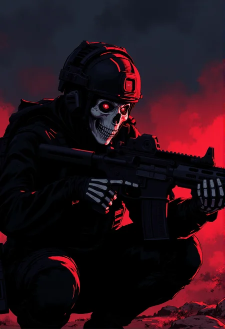<lora:ck-ghost-reaper-000015:0.9>, This is a digital artwork in the style of ckgr, a woman with glowing red eyes and a skull mask wearing a black military helmet, gloves, she is holding and aiming an AR15 assault rifle at a low ready position, trigger discipline,
nightstalker, outdoors, clear night sky, red and black color palette