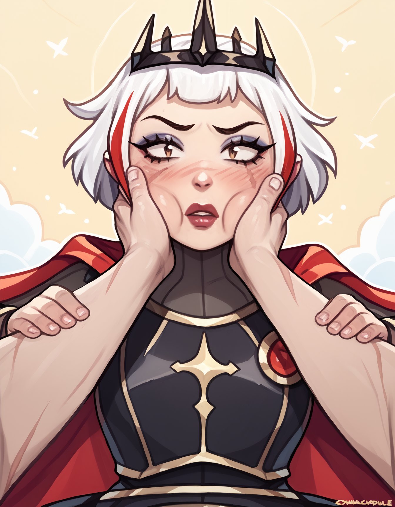 score_9, score_8_up, score_7_up, score_6_up, cyancapsule BREAK, cheek squash, hands on another's face, hands on another's cheeks, solo focus, pov hands, male hands, 1girl, blush, solo, short hair, white hair,multicolored hair, makeup, scar, crown, armor, cape, ulf-dh <lora:add-detail-xl:0.3> <lora:Ulfger_PDXL:0.6> <lora:Lunas-CyanCapsule-SDXL-A1:0.7> <lora:POVCheekSquash_XLPD:0.8>