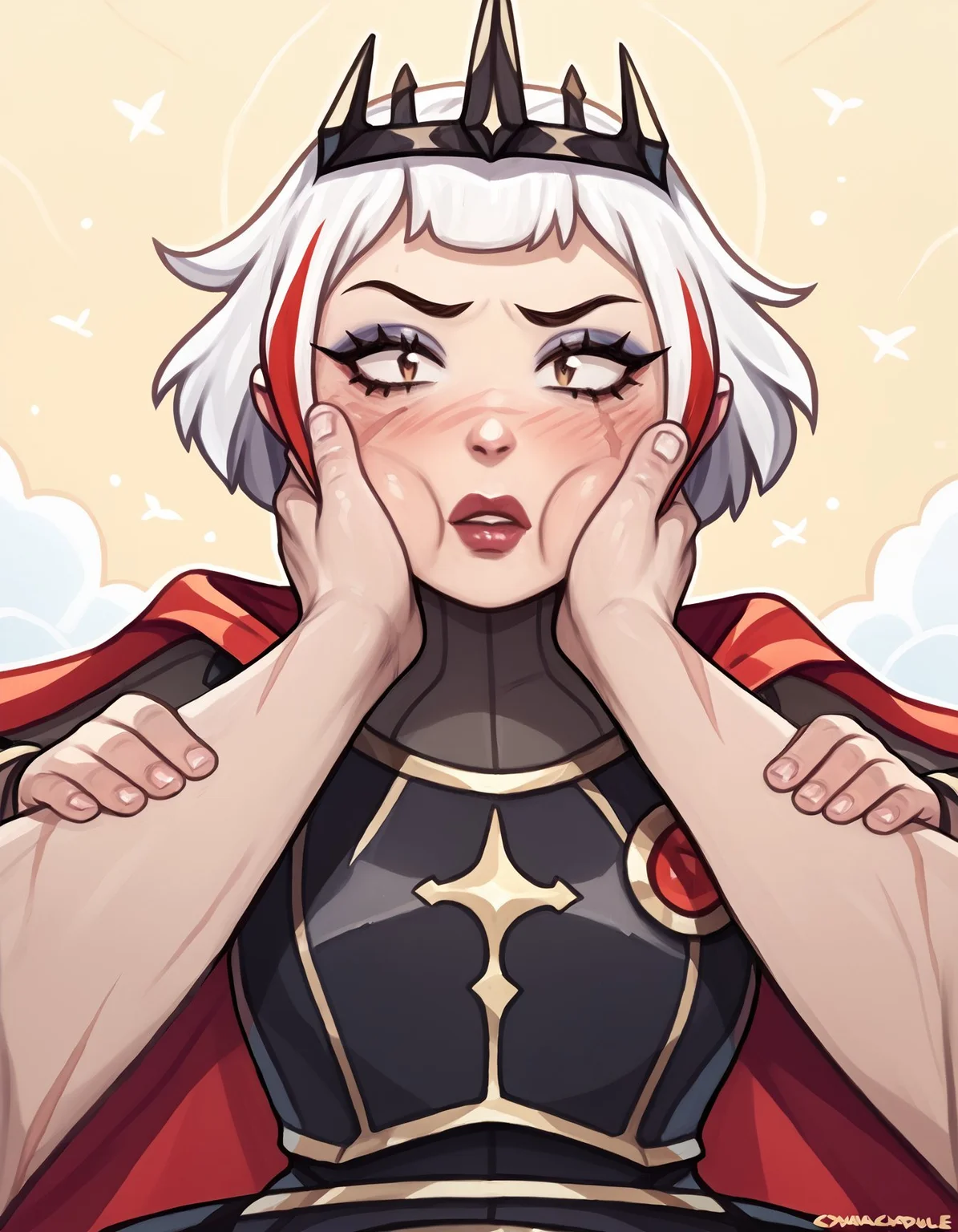 score_9, score_8_up, score_7_up, score_6_up, cyancapsule BREAK, cheek squash, hands on another's face, hands on another's cheeks, solo focus, pov hands, male hands, 1girl, blush, solo, short hair, white hair,multicolored hair, makeup, scar, crown, armor, cape, ulf-dh <lora:add-detail-xl:0.3> <lora:Ulfger_PDXL:0.6> <lora:Lunas-CyanCapsule-SDXL-A1:0.7> <lora:POVCheekSquash_XLPD:0.8>