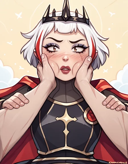 score_9, score_8_up, score_7_up, score_6_up, cyancapsule BREAK, cheek squash, hands on another's face, hands on another's cheeks, solo focus, pov hands, male hands, 1girl, blush, solo, short hair, white hair,multicolored hair, makeup, scar, crown, armor, cape, ulf-dh <lora:add-detail-xl:0.3> <lora:Ulfger_PDXL:0.6> <lora:Lunas-CyanCapsule-SDXL-A1:0.7> <lora:POVCheekSquash_XLPD:0.8>