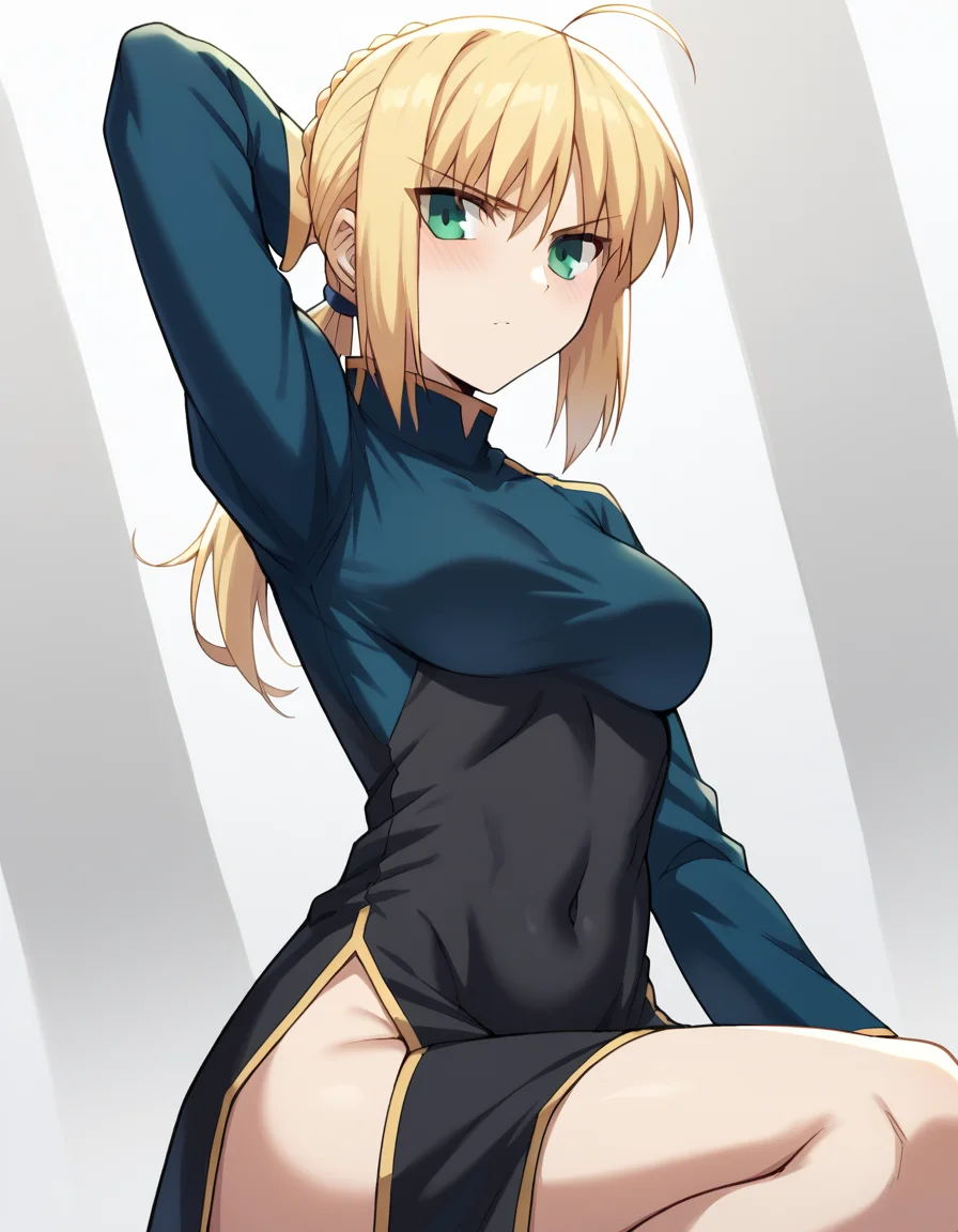 score_9, score_8_up, score_7_up, source_anime, <lora:artoria-pendragon-zero-ponyxl-lora-nochekaiser:1>, artoria pendragon, artoria pendragon (fate), saber, long hair, blonde hair, green eyes, ponytail, ahoge, medium breasts,, <lora:tatsumaki-cosplay-ponyxl-lora-nochekaiser:1>, tatsumaki cosplay, tatsumaki (cosplay), cosplay, dress, black dress, covered navel, long sleeves, pelvic curtain, side slit,, blush, squatting, hand behind head, sitting, from side,, cowboy shot, looking at viewer,, , dutch angle, cowboy shot