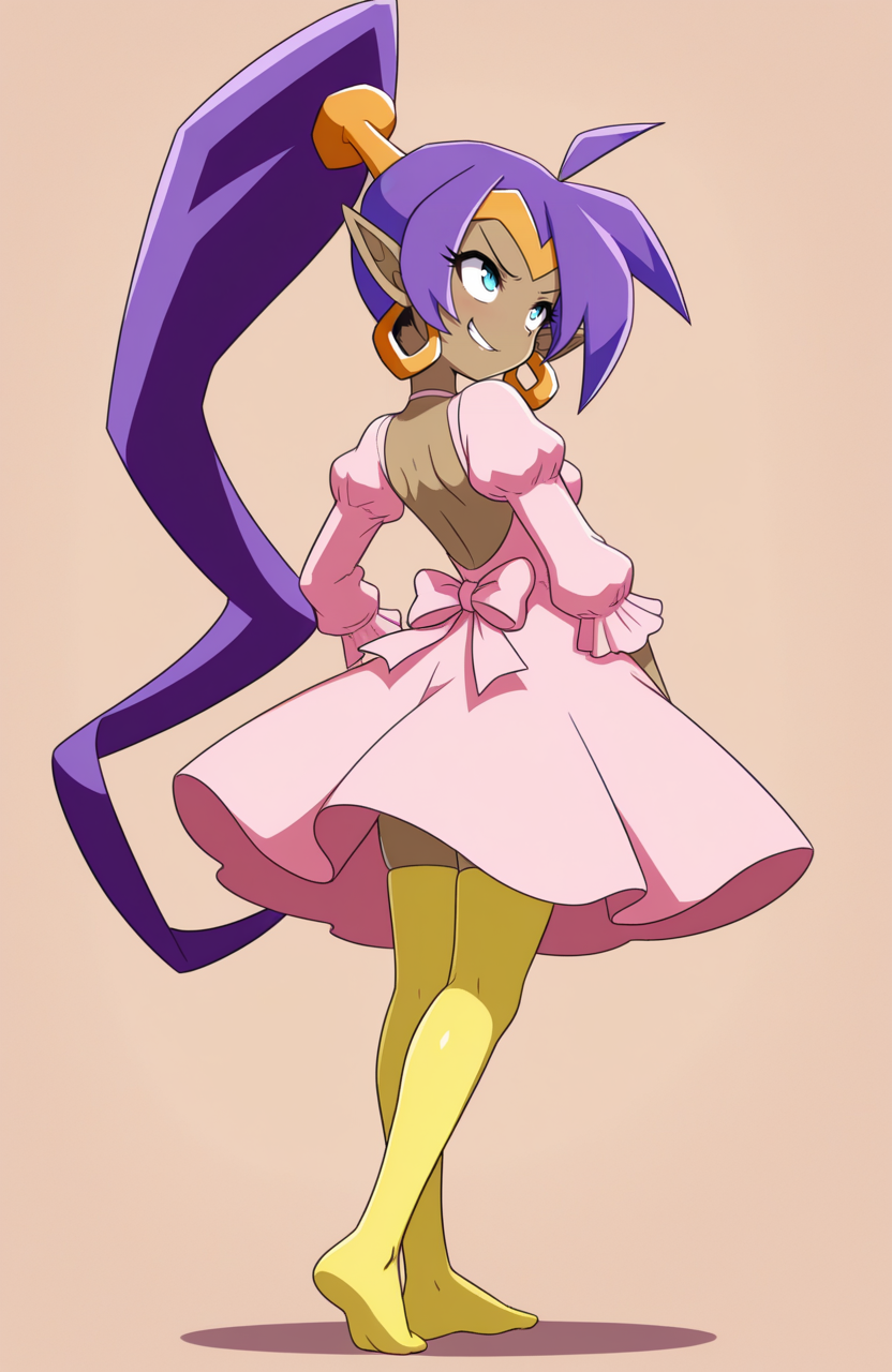 1girl, solo, 
shantae, purple hair, very long hair, ponytail, pointy ears, dark-skinned female, pink dress, backless dress, medium dress, long sleeves, yellow sheer thighhighs, no shoes,
standing, head tilted back, rolling eyes, annoyed smirk, understated irritation,  <lora:SevenSirens:1> svnsrn, extremely detailed, highres, masterpiece, best quality