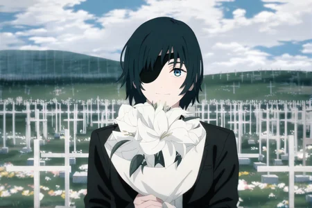himeno (chainsaw man),graveyard,eyepatch,1girl,bouquet,necktie,suit,solo,black necktie,formal,flower,tombstone,short hair,black hair,sky,cloud,holding bouquet,looking at viewer,shirt,outdoors,collared shirt,blue eyes,white shirt,jacket,black jacket,holding,white flower,day,fence,suit jacket,cloudy sky,black suit,blue sky,closed mouth,anime coloring,cross,
masterpiece,best quality,amazing quality,very aesthetic,highres,absurdres,<lora:Chainsaw man animation style-NOOB05-lokr>,