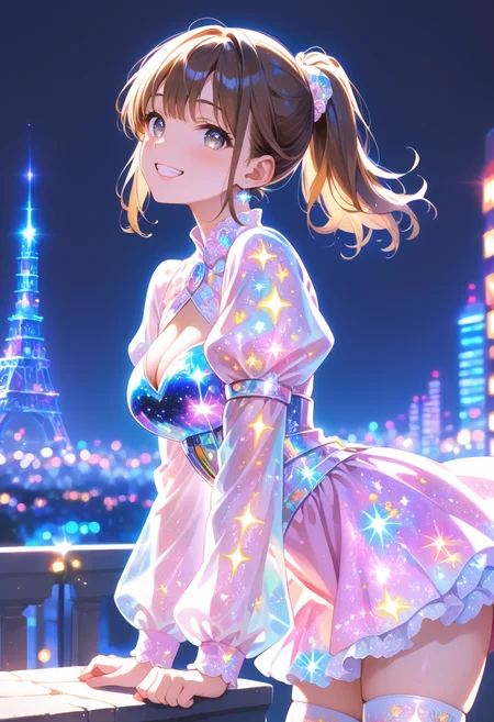 score_9, score_8_up, score_7_up, source_anime, masterpiece, best quality, perfect anatomy, very aesthetic, ((outlined outlined vector graphics)),no norm,
, cute face, (glow eyes:0.8), 1girl,   outdoors wind, city,
20yo, brown hair, gray eyes, (large breast:1.1), (ponytail:1.1), medium hair,(curvy:1.1),bangs, ,solo, glittering, glowing, simple background,   side view ,  looking at viewer , grin, __nomal_mouth__,
, looking at viewer, blush, short hair, bangs, thighhighs, long sleeves, dress, jewelry, medium breasts, cowboy shot, earrings, puffy sleeves, colorful, colorful milkyway outfit, happy, milkyway outfit,,milkyway hair, milkyway eyes , pink  dress,   all fours ,  leaning forward ,  ,  <lora:milkyway-outfit-01:0.8>