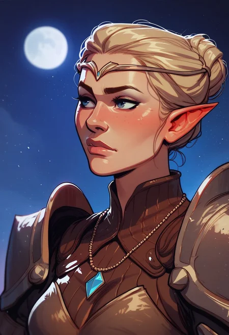 score_9, score_8_up, score_8, score_7_up, score_7, score_6_up, score_6, score_5_up, beautiful blonde, half elf ears, long straight hair, hair in a bun, golden circlet, armor, necklace, (flat stomach, narrow hips):1.4, pouty expression, blush, vox machine style, 1girl, female focus, solo, close up portrait , fantasy, moon, moon light, night background, (dynamic lighting:1.1)
((masterpiece))