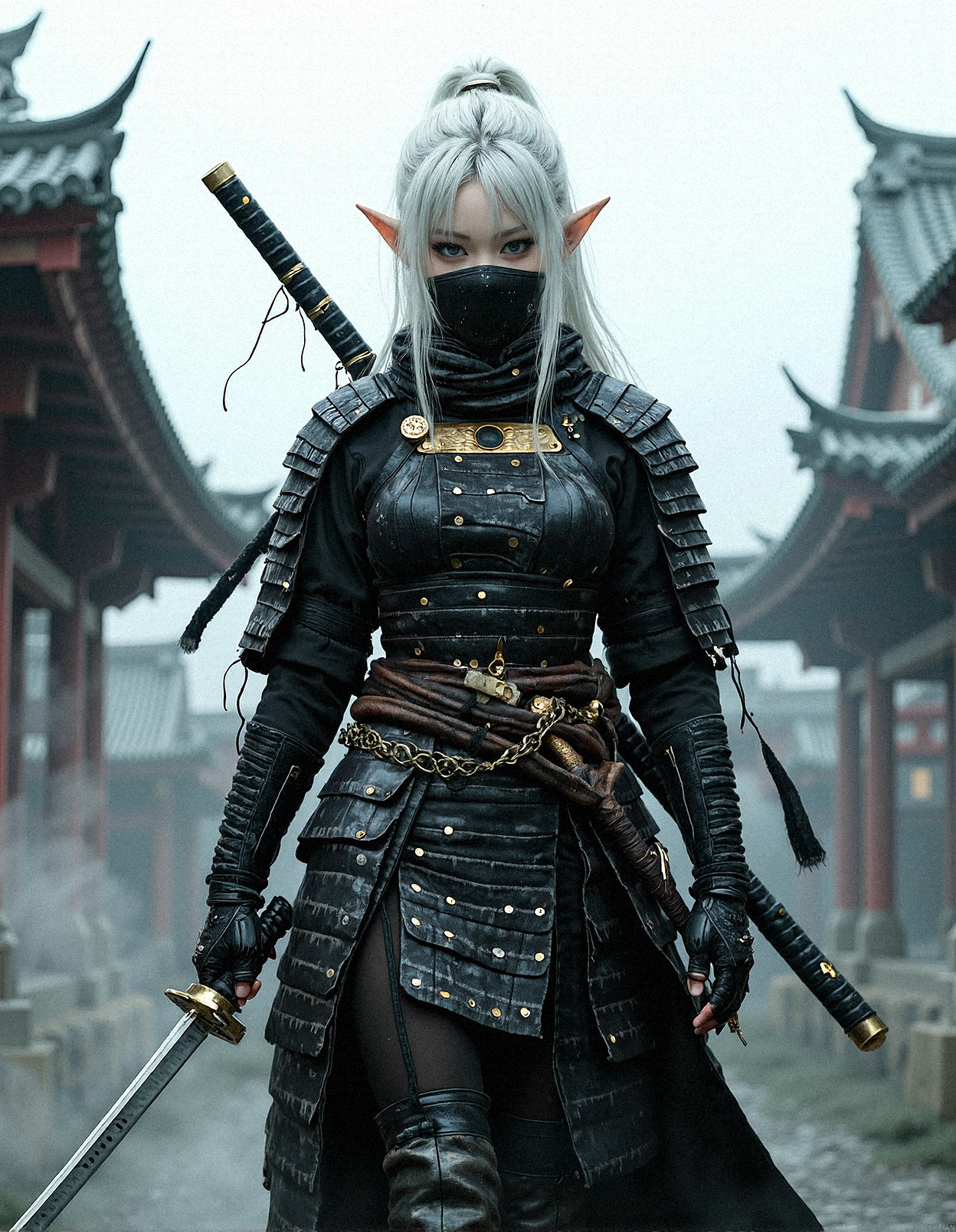 Depict a highly realistic portrait of a tall, imposing female elven ninja, clad in dark, layered samurai armor.Their silver-white hair is tied back, contrasting sharply with the black and gold elements of their attire. Only their piercing eyes are visible above a black face mask, adding an air of mystery and danger. The armor is meticulously detailed, with leather straps, metal plates, and gold accents that highlight the character's stature. The background is shrouded in mist, with the outlines of traditional Japanese architecture barely visible, enhancing the mystical ambiance. Soft, diffused lighting should capture the textures and details of the scene, bringing a sense of depth and realism to the character and their surroundings. dynamic_pose, aesthetic_pose, With one foot forward and one hand resting on a katana, her stance alert as the fog shifts around her.





