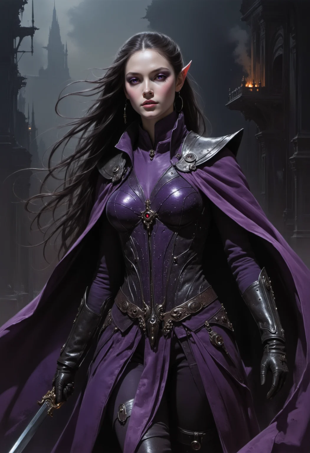 Hyper-realistic portrait of a dark elven assassin emerging from the shadows, her dagger gleaming in the faint torchlight. Her piercing violet eyes are filled with deadly intent as she prepares to strike with anger and rage in a dynamic action pose. long ears, Obsidian Black hue and Amethyst tint, masterpiece <lora:artisketchyfs-v02:1> <lora:flux_realism_lora:0.65> <lora:fluxenhancer:0.2>