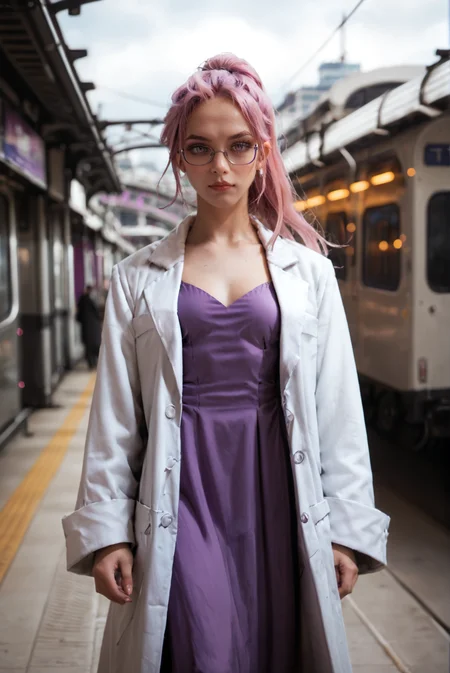 <lora:intp_v1:0.8>
intp_v1 , solo
ponytail, pink hair, long hair, purple hair,
pale skin,
purple eyes,
breasts, small breasts,
glasses, semi-rimless eyewear,
labcoat, white coat, coat, open coat,long sleeves,
purple dress,
jewelry,, score_9, score_8_up, score_7_up, solo,
sky, train station platform,outdoor, city, street, train station, rails, rooftop, city view,
blur censor, blurry, blurry background, blurry foreground, bokeh, motion blur,
chromatic aberration, depth of field, figure, focused, focus