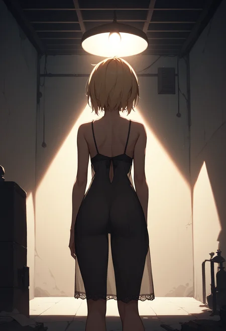score_9, score_8_up, score_7_up, score_6_up, source_anime, 1girl, basement, dimly lit, dark, curvy,
blonde hair, nightgown, silhouette, backlighting, from behind, cowboy shot, spotlight, shadow, ceiling light,
<lora:basement_v0.2-pony:1>