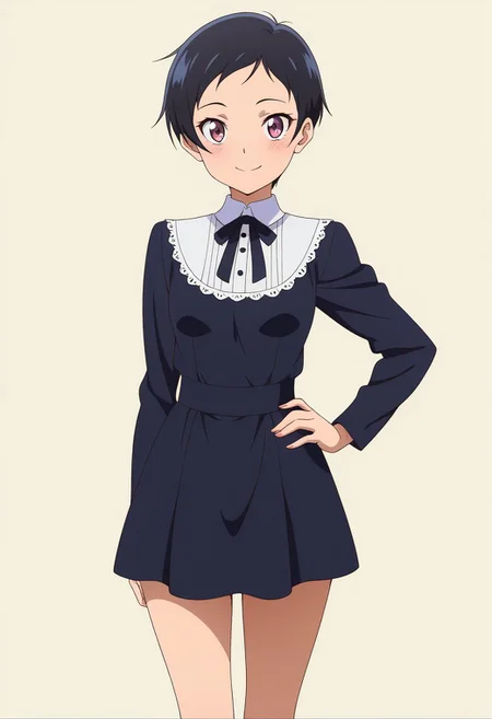 masterpiece, best quality, amazing quality, anime coloring, anime screencap, 1girl, solo, very short hair, black hair, smile, hand on own hip,  simple background, white background,  funeral dress,