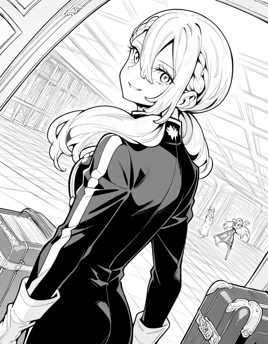 score_9, score_8_up, score_7_up, source_anime, <lora:varvara-pilipenko-manga-ponyxl-lora-nochekaiser:1>, varvara pilipenko, greyscale, monochrome, long hair, hair between eyes, braid, twintails,, gloves, uniform, military, military uniform, airport, waiting area, suitcase, flight delayed, passengers, reading book, smile, <lora:shaft-look-ponyxl-lora-nochekaiser:1>, shaft look, looking back, from behind, head tilt,, looking at viewer, solo,, dutch angle, cowboy shot
