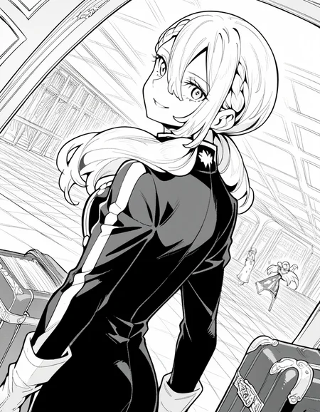 score_9, score_8_up, score_7_up, source_anime, <lora:varvara-pilipenko-manga-ponyxl-lora-nochekaiser:1>, varvara pilipenko, greyscale, monochrome, long hair, hair between eyes, braid, twintails,, gloves, uniform, military, military uniform, airport, waiting area, suitcase, flight delayed, passengers, reading book, smile, <lora:shaft-look-ponyxl-lora-nochekaiser:1>, shaft look, looking back, from behind, head tilt,, looking at viewer, solo,, dutch angle, cowboy shot