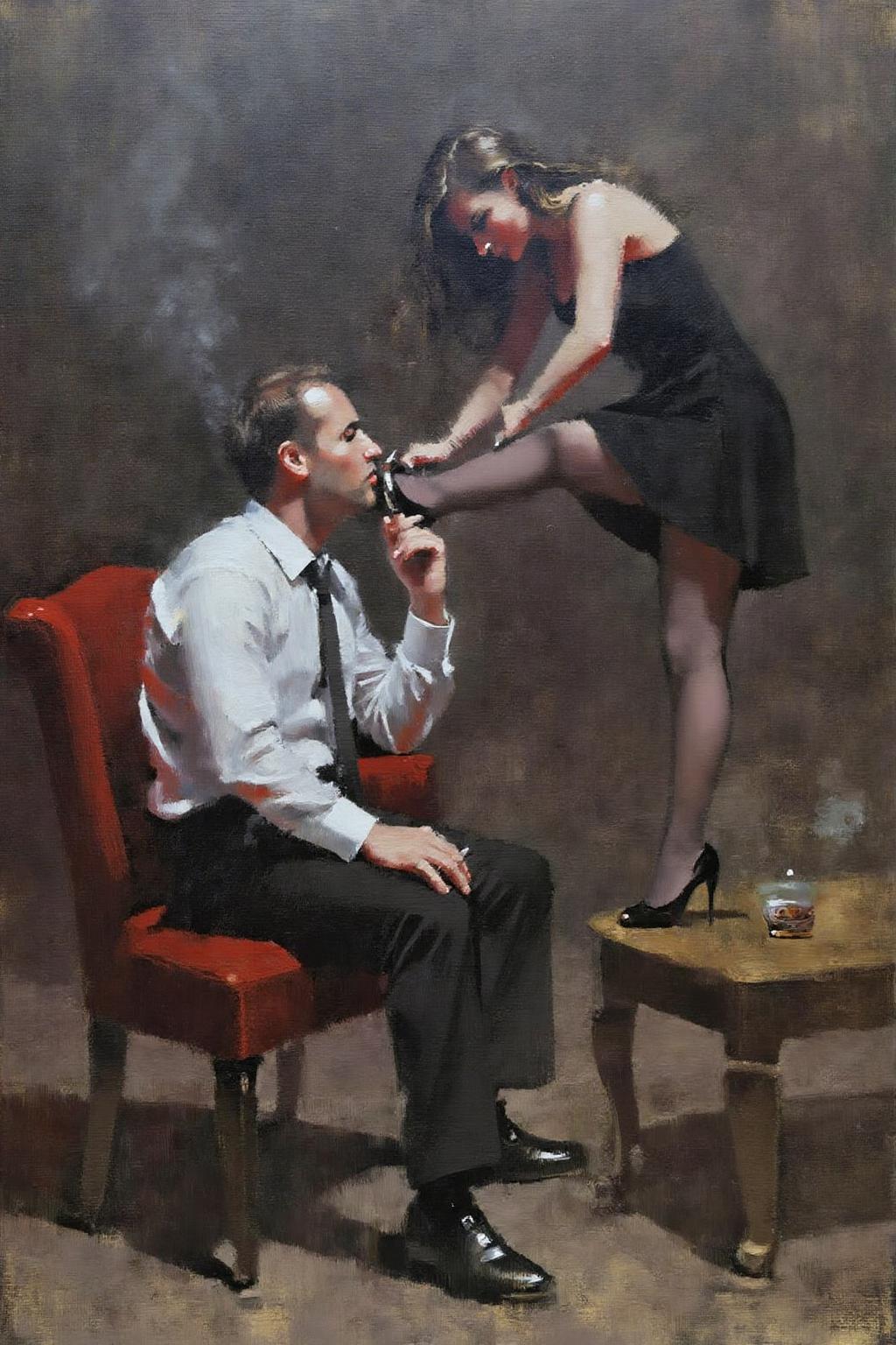 marklague1 painting.
A seated man kissing the  foot of a woman. On the left is the man, shown in side profile, in a white shirt and black trousers with a tie, seated in a red chair, holding a cigarette in one hand. On the right is the woman, in a black dress with stockings and high heels standing on top of a coffee table with one foot raised <lora:marklague1_cap_d8a4e12:1.0><lora:855156812427600633:0>