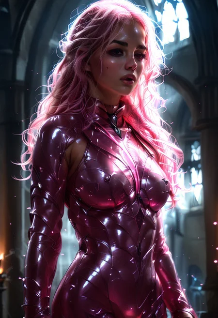 Mystic Lumina, (pink1.1), Realism_Quality_2xx_By_Stable_Yogi, cathedral, outdoors, standing, 1woman, solo, side view, 
long white hair, choker, eyeliner, gorgeous lips, covered breasts, cinematic, best quality, ultra-detailed, very aesthetic, detailed eyes, perfect eyes, freckles, aloof, (masterpiece:1.1), small waist, fitness body, wide hips, 32 years old, hourglass figure, golden blond hair, censored, (downsuit:1.5), (puffer_downsuit:1.5), (fully dressed:2.5).