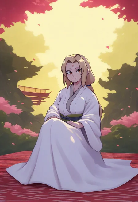 TR00L00, score_9, score_8_up, masterpiece, best quality, absurdres, vibrant, highly detailed, 1girl, solo, tsunade, Tsunade as a child, white kimono, demure, japanese garden, zen, sitting under cherry trees, sitting on a blanket, smile