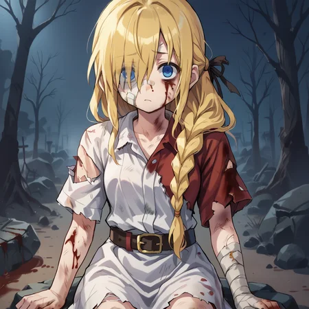 (score_9, score_8_up, score_7_up, score_6_up), source anime, BREAK, <lora:Aegina:0.60> , aegdef, 1girl, blonde hair, long hair, braid, blue eyes, (white dress), sad, tired, exhausted, (bandage over one eye), looking at viewer, solo, cowboy shot, white feathers, blood on clothes, blood on face, hands at sides, sitting on rock, battlefield, bloody, corpses, crosses, graveyard, rubble, <lora:Pony_XL_TYGS_Gloom_Bloom_Gloomy_Anime_Art_Style:0.5>, <lora:zy_Detailed_Backgrounds_v1:0.5> , detailed background, highly detailed, forest, trees, hangmen, night, torches, <lora:Battle_Damage:0.5> , BattleDamage, cuts, bruises, damaged, torn clothes, blood,