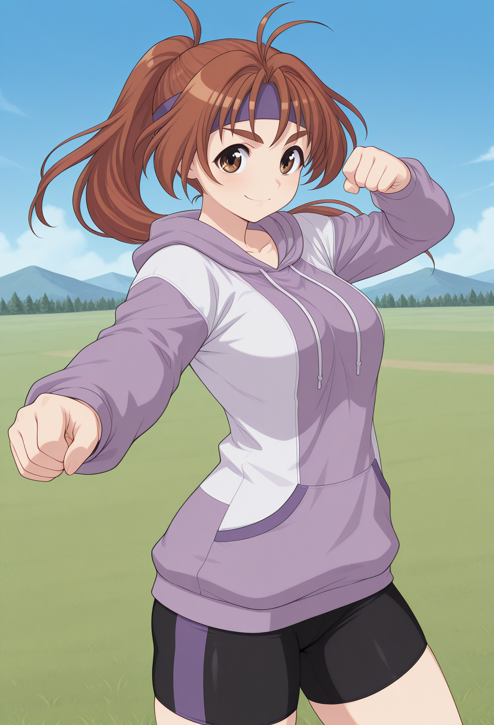 nagahara_chizuru, thick eyebrows, brown eyes, brown hair, long hair, ponytail, antenna hair, headband, hoodie, long sleeves, bike shorts, <lora:nagahara_chizuru_illustrious_ver2:0.8> 
smile,, masterpiece, best quality, sensitive,, 1girl, solo, blue sky, (grasslands:1.2), looking at viewer,, (cowboy shot, dynamic pose:1.4),
