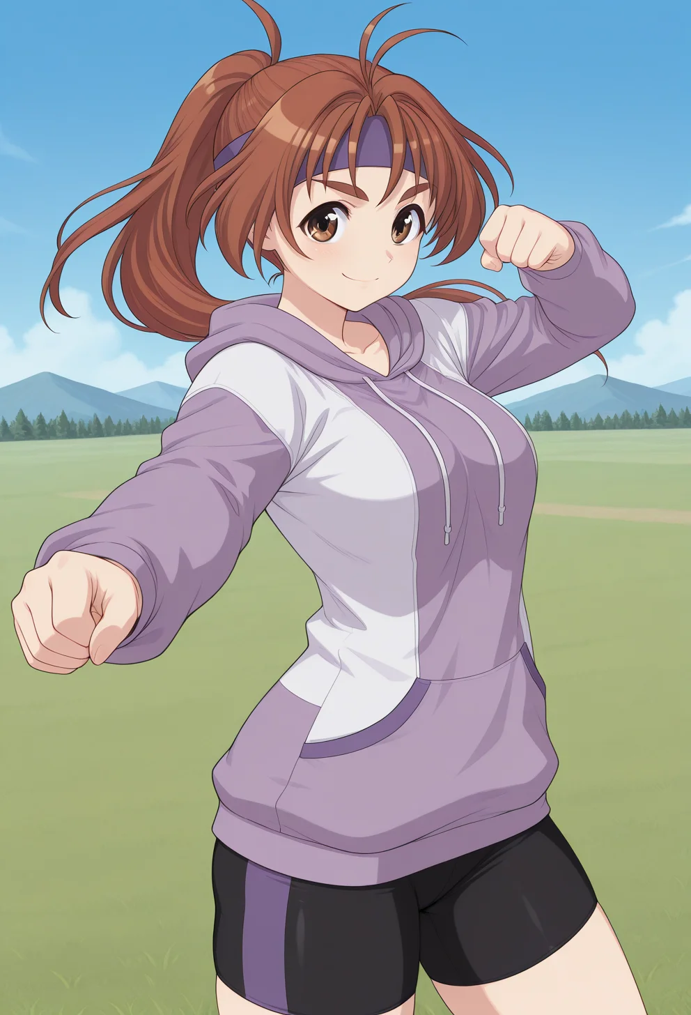 nagahara_chizuru, thick eyebrows, brown eyes, brown hair, long hair, ponytail, antenna hair, headband, hoodie, long sleeves, bike shorts, <lora:nagahara_chizuru_illustrious_ver2:0.8> 
smile,, masterpiece, best quality, sensitive,, 1girl, solo, blue sky, (grasslands:1.2), looking at viewer,, (cowboy shot, dynamic pose:1.4),