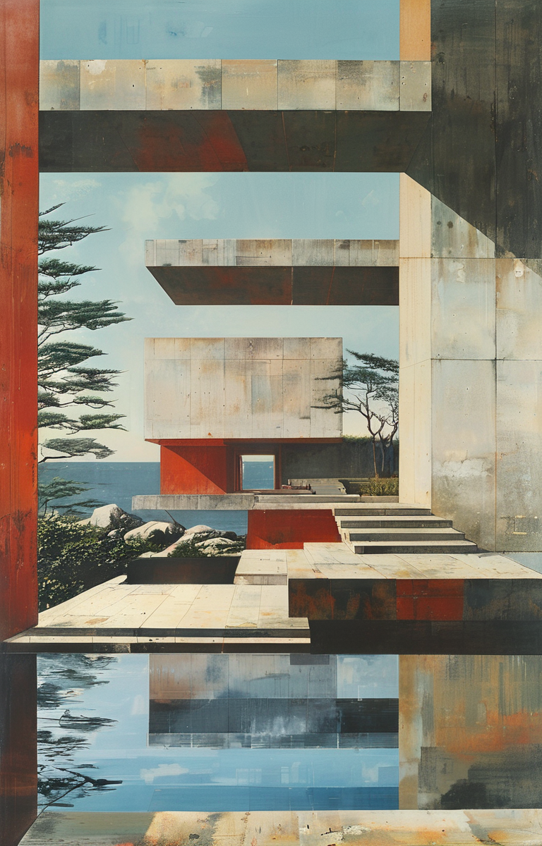 masterpiece,best quality,<lora:tbh311-sdxl:0.9>,illustration,designed by Rem Koolhaas Minimalist Japanese-inspired tea house by the sea, evoking the style of Tadao Ando